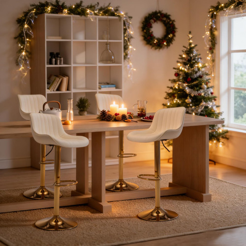 Velvet Bar Stools Set of 4 - Swivel Counter Height Barstools with Back & Adjustable Height, Modern Gold Kitchen Island Stools for Bar, Armless Pub Stools, Soft Beige Upholstered Seating