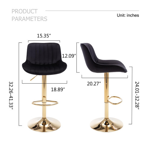 Velvet Bar Stools Set of 4 - Swivel Counter Height Barstools with Back & Adjustable Height, Modern Gold Kitchen Island Stools for Bar, Armless Pub Stools, Soft Black Upholstered Seating