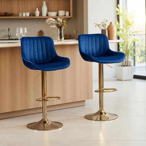Velvet Bar Stools Set of 4 - Swivel Counter Height Barstools with Back & Adjustable Height, Modern Gold Kitchen Island Stools for Bar, Armless Pub Stools, Soft Blue Upholstered Seating