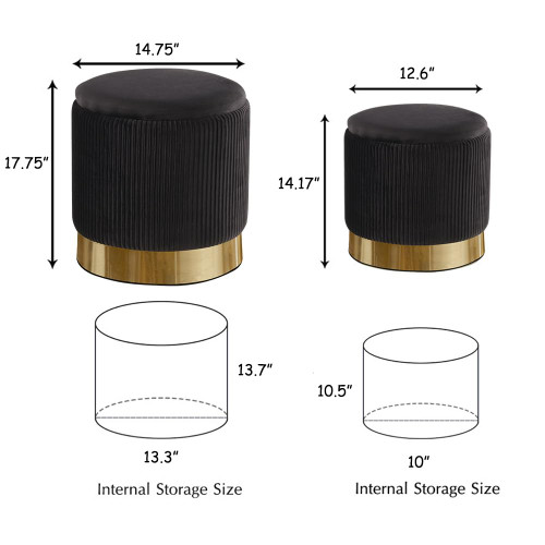 Round Ottoman with Storage Set of 2 Black Velvet Storage Ottoman for Living Room and Bedroom