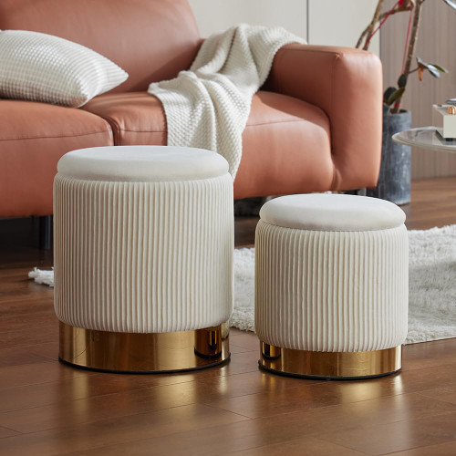 Round Ottoman with Storage Set of 2 Vanity Stool Foot Rest with Removable Lid White Velvet Storage Ottoman Stool for Living Room and Dorm