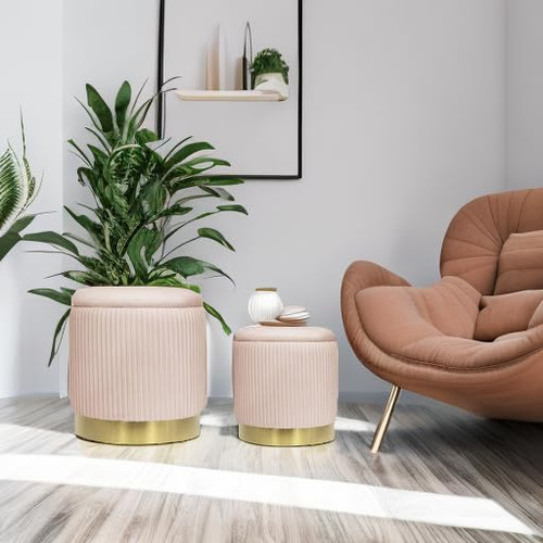 Pink Velvet Round Ottoman Set of 2 with Storage for Living Room Small Foot Stool Ottoman for Living Room Small Coffee Table,Vanity Stool with Storage for Bedroom Dorm