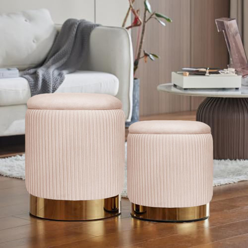 Pink Velvet Round Ottoman Set of 2 with Storage for Living Room Small Foot Stool Ottoman for Living Room Small Coffee Table,Vanity Stool with Storage for Bedroom Dorm