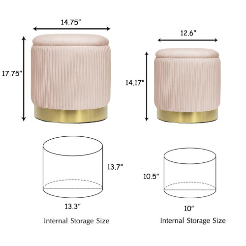Pink Velvet Round Ottoman Set of 2 with Storage for Living Room Small Foot Stool Ottoman for Living Room Small Coffee Table,Vanity Stool with Storage for Bedroom Dorm