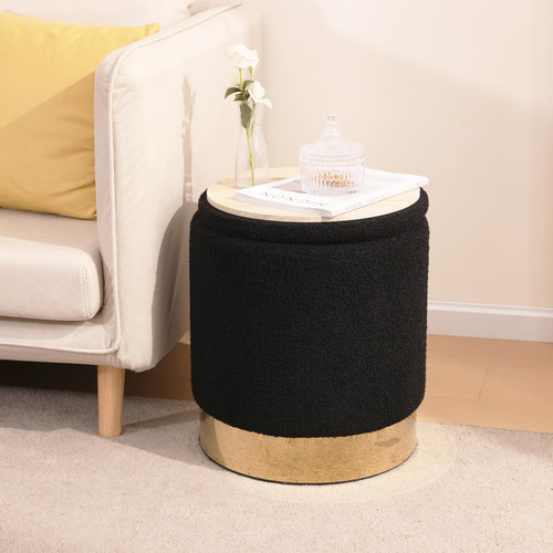 Sherpa Round Ottoman Set of 2 with Storage, 12 Gallon Hidden Storage Ottoman, Multi-Functional Footrest Stool, Vanity Seat, Coffee Table, No Assembly Required, Holds 300lbs (Teddy Black)