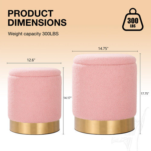 Sherpa Round Ottoman Set of 2 with Storage, 12 Gallon Hidden Storage Ottoman, Multi-Functional Footrest Stool, Vanity Seat, Coffee Table, No Assembly Required, Holds 300lbs (Teddy Pink)