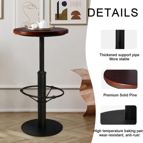 42" Tall Rustic Industrial Bar Table-19.68" Dia Round Wooden Top Metal Bar Height Adjustable Standing Pub Table-Dining Room Bistro Table-Cocktail Table (Silver,Walnut)