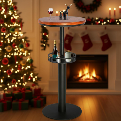 42" Tall Rustic Industrial Bar Table with Storage-19.68" Dia Round Wooden Top Metal Bar Height Adjustable Standing Pub Table-Dining Room Cocktail Bistro Table