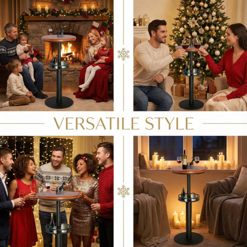 42" Tall Rustic Industrial Bar Table with Storage-19.68" Dia Round Wooden Top Metal Bar Height Adjustable Standing Pub Table-Dining Room Cocktail Bistro Table