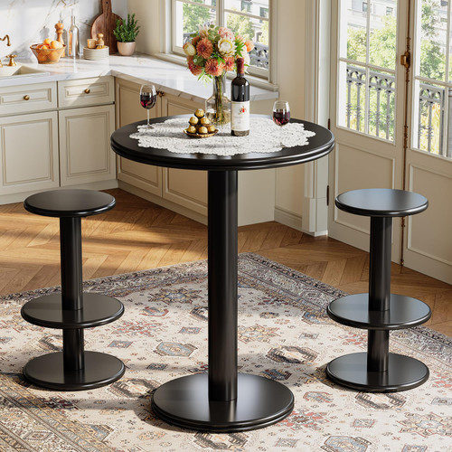 39.4" H Round Bar Table and Chairs Set, Modern Black Bistro Pub Table with 2 Barstools, Wooden Counter Height Cocktail Table for Small Bars, Kitchen, Living Room, Apartment