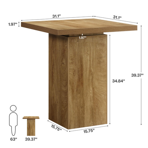 Square Bar Table, 39.4" H Industrial High Top Bistro Pub Cocktail Table, Small Counter Height Dining Table for Kitchen Nook, Home Bar, Coffee Corner, Natural Oak