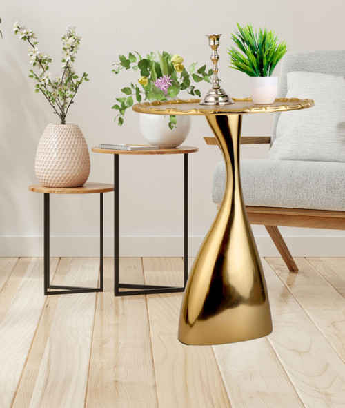 18" Round Metal Side Table, Living Room Coffee End Table with Pedestal for Small Spaces, Accent for Indoor Use, Living Room, Bedroom, Balcony (Gold) 