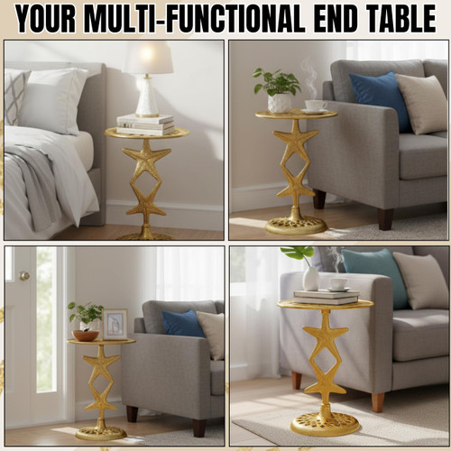 19" Round Side Table, Metal End Table for Bedroom Living Room Home Offices Patio Garden Lawn Stylish Vintage Indoor and Outdoor Side Table Pedestal End Tables (Gold)