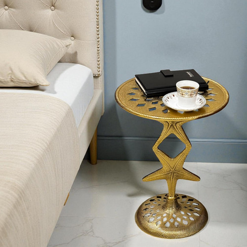 19" Round Side Table, Metal End Table for Bedroom Living Room Home Offices Patio Garden Lawn Stylish Vintage Indoor and Outdoor Side Table Pedestal End Tables (Gold)
