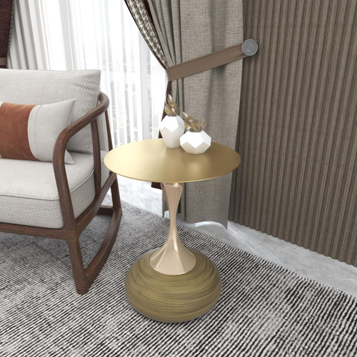 Savoy Series Modern Round Side Table with Gold Stainless Steel Top, Gold Pedestal Stem & Glossy Base, Accent End Table for Living Room, Bedroom, or Small Spaces, 17.7" × 21.6", Brass
