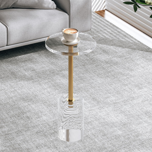 Clear Acrylic End Table, Modern Minimalist Round Side Table with Solid Base for Living Room, Bedroom, and Office, 12x12 inch, Easy Assembly, Transparent Design, Brushed Brass Metal Accent