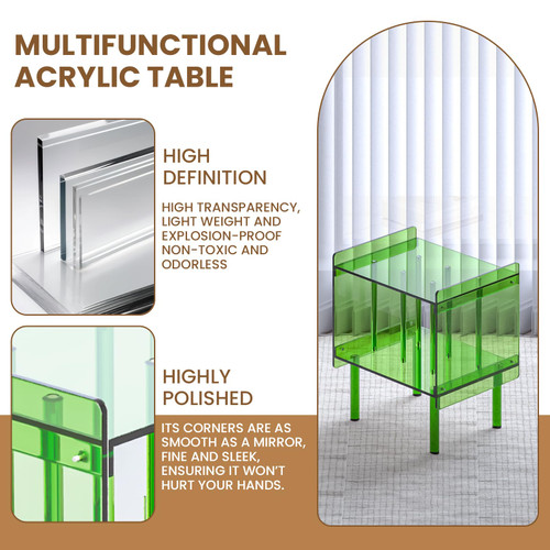 Acrylic Side End Table Record Player Stand with Vinyl Storage – Modern Turntable Table with Record Holder, Clear Side Table for Living Room, Bedroom, Small Spaces – Green, 18.7" x 14.6" x 26.1"