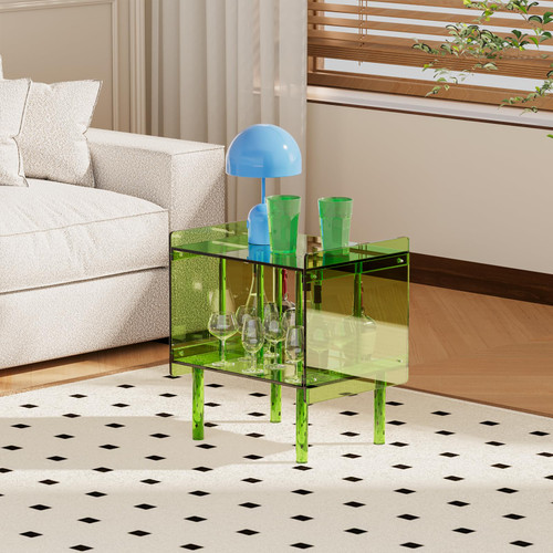 Acrylic Side End Table Record Player Stand with Vinyl Storage – Modern Turntable Table with Record Holder, Clear Side Table for Living Room, Bedroom, Small Spaces – Green, 18.7" x 14.6" x 26.1"