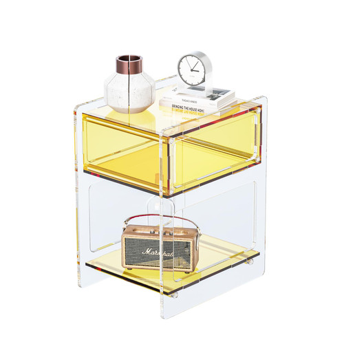 Acrylic Side Table with Storage, Modern Clear Acrylic Nightstand for Bedroom or Living Room, Small Bedside End Table, Stylish Orange Clear Furniture, 15.8" x 11.8" x 19.7"
