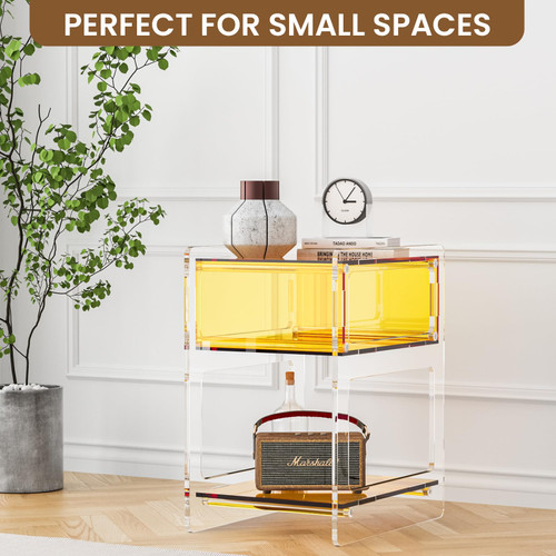 Acrylic Side Table with Storage, Modern Clear Acrylic Nightstand for Bedroom or Living Room, Small Bedside End Table, Stylish Orange Clear Furniture, 15.8" x 11.8" x 19.7"