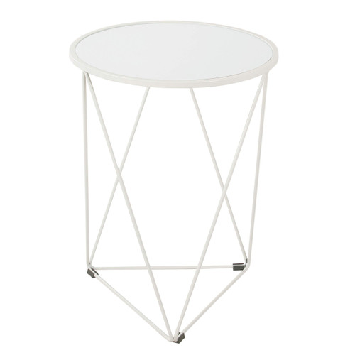 Metal Accent Table Triangle Base Round Mirror Top, White 18.24D x 24W x 18H in