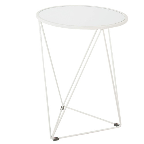 Metal Accent Table Triangle Base Round Mirror Top, White 18.24D x 24W x 18H in