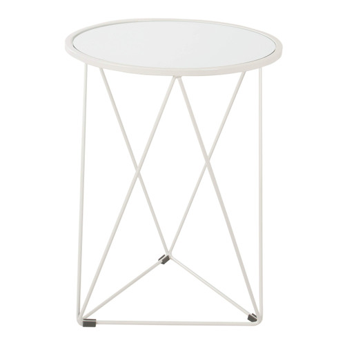 Metal Accent Table Triangle Base Round Mirror Top, White 18.24D x 24W x 18H in