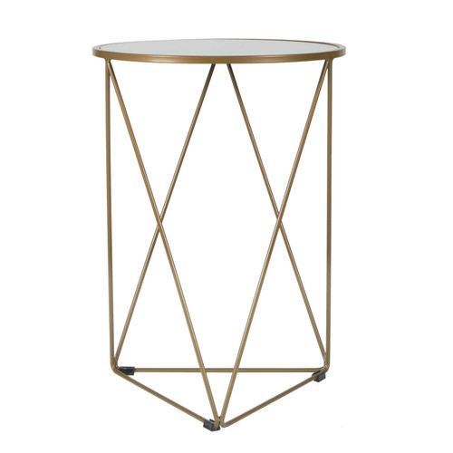 Metal Accent Table Triangle Base Round Mirror Top, Gold