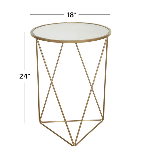 Metal Accent Table Triangle Base Round Mirror Top, Gold