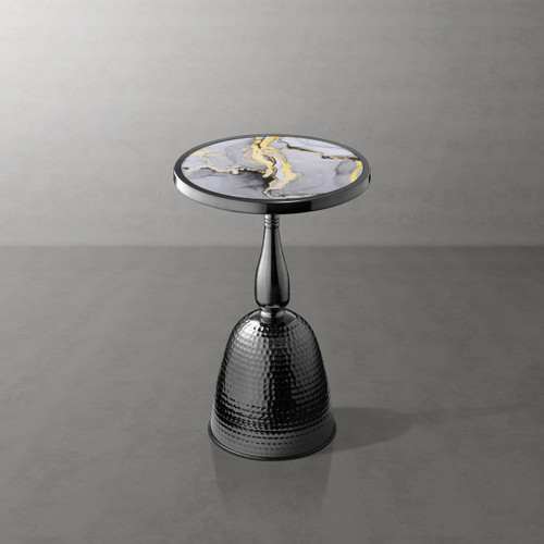 Modern 24" Tall Round End Table with Decorated Tabletop and Iron Metal Base, Accent Furniture, Elegant Pedestal Stand for Living Room, Home Office, Black with Faux Marble