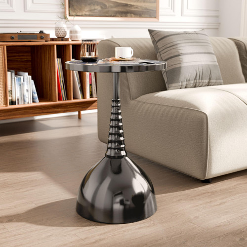 Modern 24" Tall Round End Table with Decorated Tabletop and Iron Metal Base, Accent Furniture, Elegant Pedestal Stand for Living Room, Home Office, Black with Floral Print