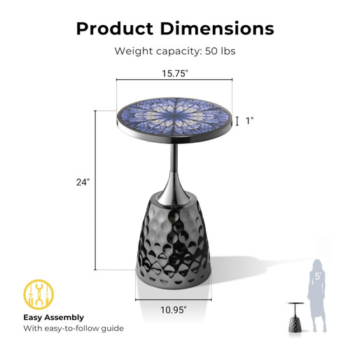 Modern 24" Tall Round End Table with Printed Tabletop and Iron Metal Base, Accent Furniture, Pedestal Stand for Living Room, Home Office, Black with Geometric Floral