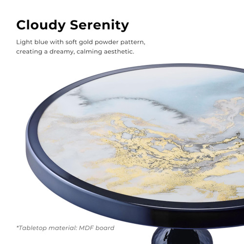 Modern 24" Tall Round End Table with Decorated Tabletop and Iron Metal Base, Accent Furniture, Elegant Pedestal Stand for Living Room, Home Office, Chrome Blue