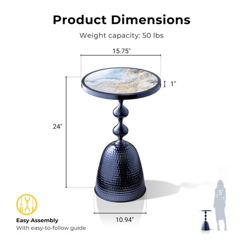 Modern 24" Tall Round End Table with Decorated Tabletop and Iron Metal Base, Accent Furniture, Elegant Pedestal Stand for Living Room, Home Office, Chrome Blue