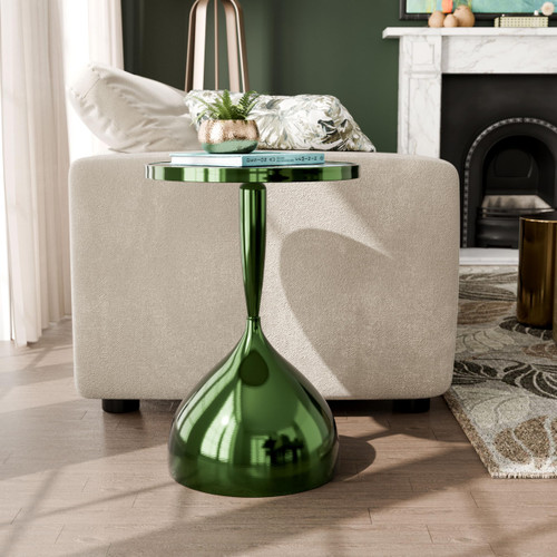 Modern 24" Tall Round End Table with Decorated Tabletop and Iron Metal Base, Accent Furniture, Elegant Pedestal Stand for Living Room, Home Office, Chrome Green