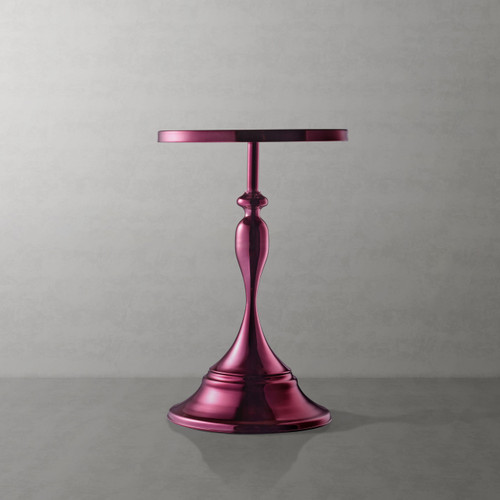 Modern 24" Tall Round End Table with Decorated Tabletop and Iron Metal Base, Accent Furniture, Elegant Pedestal Stand for Living Room, Home Office, Chrome Purple