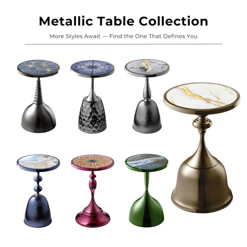 Modern 24" Tall Round End Table with Decorated Tabletop and Iron Metal Base, Accent Furniture, Elegant Pedestal Stand for Living Room, Home Office, Chrome Purple