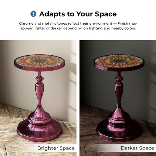 Modern 24" Tall Round End Table with Decorated Tabletop and Iron Metal Base, Accent Furniture, Elegant Pedestal Stand for Living Room, Home Office, Chrome Purple