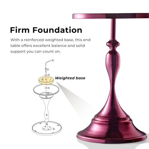 Modern 24" Tall Round End Table with Decorated Tabletop and Iron Metal Base, Accent Furniture, Elegant Pedestal Stand for Living Room, Home Office, Chrome Purple