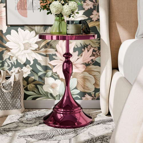 Modern 24" Tall Round End Table with Decorated Tabletop and Iron Metal Base, Accent Furniture, Elegant Pedestal Stand for Living Room, Home Office, Chrome Purple