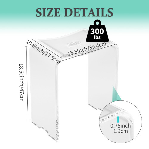 Acrylic Anti-Skip Shower Bench, Clear Shower Stool for Inside Shower, Modern Shower Chair with Curved Seat & Water Leaking Hole 300LBS Weight Capacity