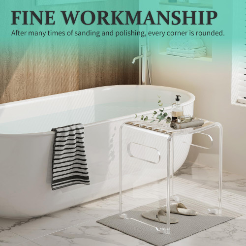 Modern Acrylic Shower Bench, Clear Stool with Anti-Skip Silicone Buckles and 12 Pcs Water Leaking Hole 350 LBS Weight Capacity