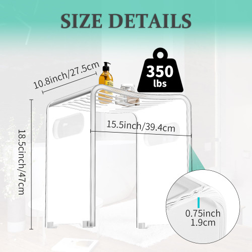 Modern Acrylic Shower Bench, Clear Stool with Anti-Skip Silicone Buckles and 12 Pcs Water Leaking Hole 350 LBS Weight Capacity