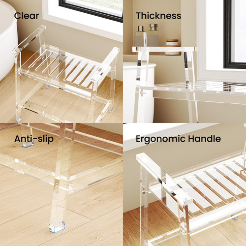 Acrylic Shower Chair with Arms - 23.62" Clear Shower Bench with Handle for Inside Shower Heavy Duty Shower Stool for Seniors Elderly Non-Slip Waterproof Indoor and Outdoor