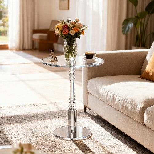 Modern Acrylic Side Table, Round Clear End Table for Living Room,Bedroom Lobby and Office Easy Assembly (Clear, Large)