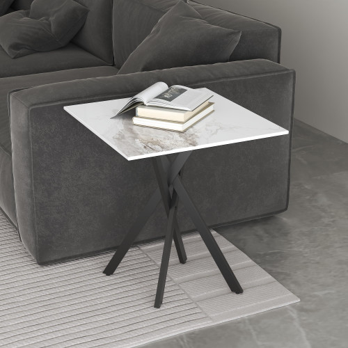 White Marble Side Coffee Table with Metal Legs, Small Sintered Stone Square Modern End Table for Living Room Sofa Table Home Bed Office (1 Piece, 20"×20"×22")