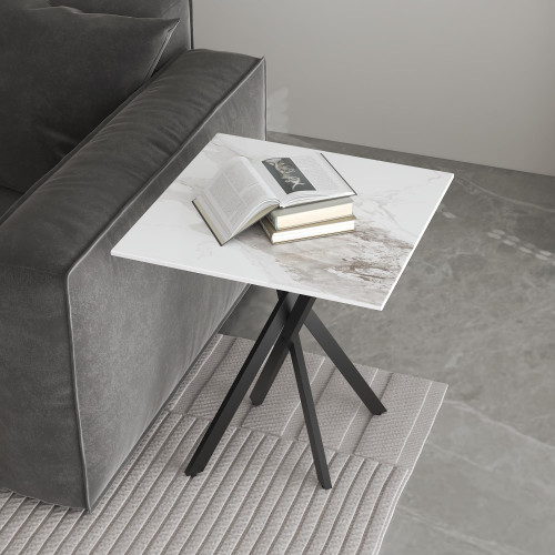 White Marble Side Coffee Table with Metal Legs, Small Sintered Stone Square Modern End Table for Living Room Sofa Table Home Bed Office (1 Piece, 20"×20"×22")