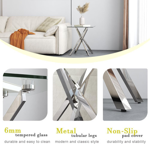 Small Side Coffee Table with Chromed Legs, Tempered Glass Square Modern End Table for Living Room Sofa Home Office (1, Silver, 20"×20"×22")