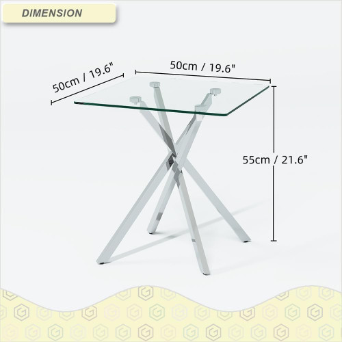 Small Side Coffee Table with Chromed Legs, Tempered Glass Square Modern End Table for Living Room Sofa Home Office (1, Silver, 20"×20"×22")