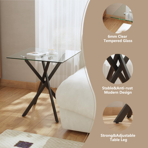 Small Side Coffee Table Set of 2 with Metal Legs, Tempered Glass Square Modern End Table for Living Room Sofa Home Office (2 Pieces, Black, 20"×20"×22")